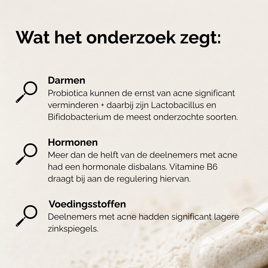 Skinie Huidformule wordt ondersteunt door wat het onderzoek zegt over acne. Onderzoekers beweren dat probiotica, vitamine B6 en zink helpen om volwassenacne tegen te gaan.