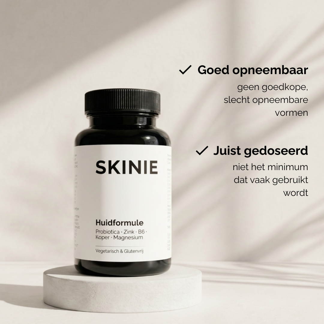 Skinie Huidformule bevat hoge doseringen die worden ondersteunt door onderzoekers bij het verminderen van hormonale acne. Skinie is het beste opneembaar door de bisglycinaat-vorm