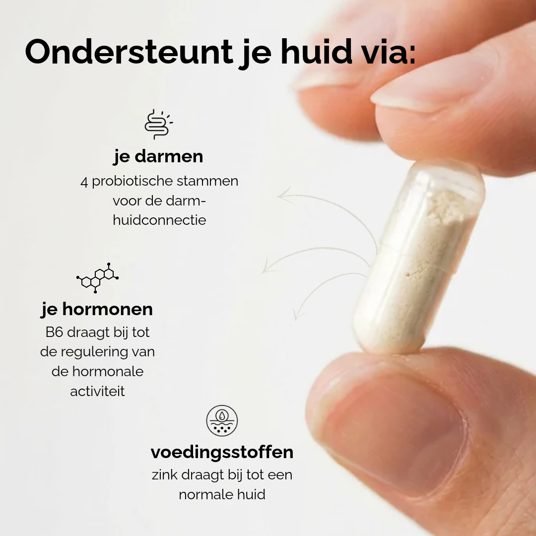 Skinie lost acne op door de darmen en hormonen te herstellen. Met zink voor de juiste voedingsstoffen. probiotica voedt de goede bacterien van de darmen
